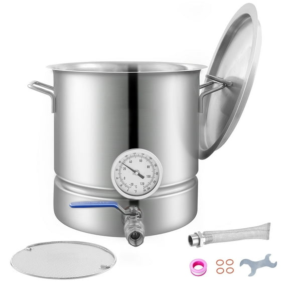 KFFKFF Stainless Kettle, 5 GAL Brew Pot, Triple Layer Base for Beer Making, Home Brew Kit with Lid, Grip, Temp Gauge, Tap, Strainer, Tray