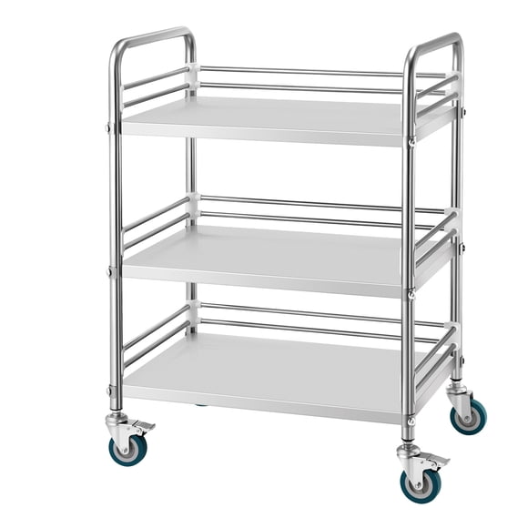 KFFKFF Stainless Steel 3-Tier Rolling Utility Cart with Lockable Wheels, Mobile Service Tray for Medical, Kitchen, Salon, and Restaurant Use