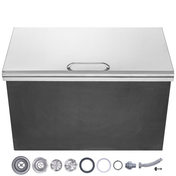 KFFKFF Stainless Steel Drop-In Ice Chest, 24"L x 20"W x 15"H, 40 qt Capacity with Hinged Lid, Outdoor Ice Cooler for Beverages, Includes Drain Pipe and Plug