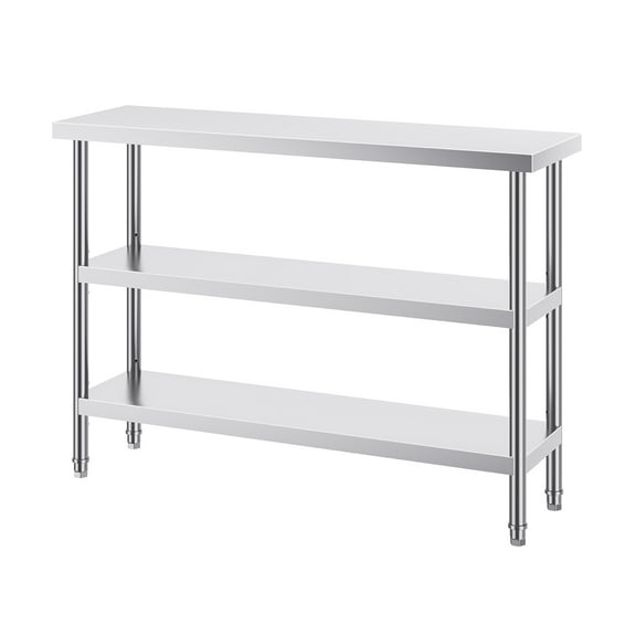 KFFKFF Stainless Steel Food Preparation Table, 14 x 48 x 34 Inches, Industrial Kitchen Worktable, Includes 2 Modifiable Lower Shelves, Robust Prepping Table and Metal Workstation