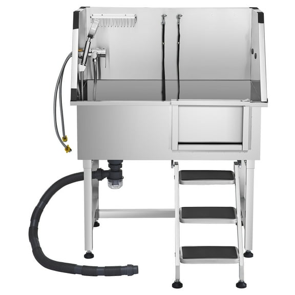 KFFKFF Stainless Steel Pet Grooming Tub, 38 inch Wash Station with Storage Steps, Faucet, Showerhead, and Soap Holder for Dogs of All Sizes (Right Door)
