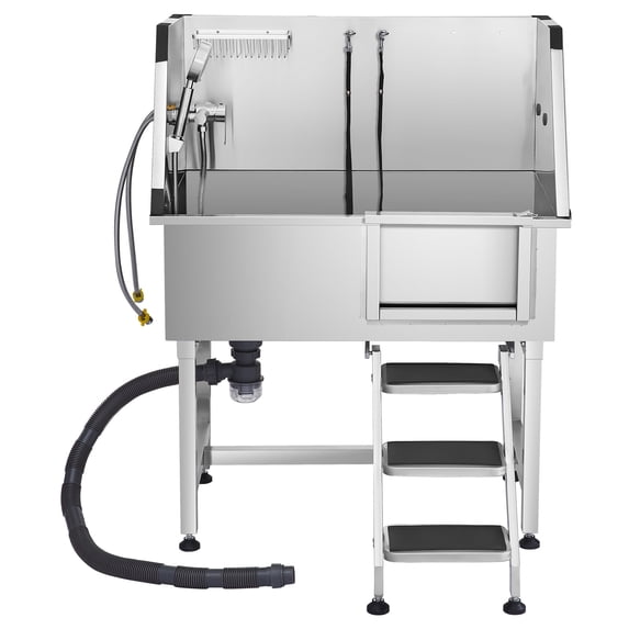 KFFKFF Stainless Steel Pet Grooming Tub, 38 inch Wash Station with Storage Steps, Faucet, Showerhead, and Soap Holder for Dogs of All Sizes (Right Door)