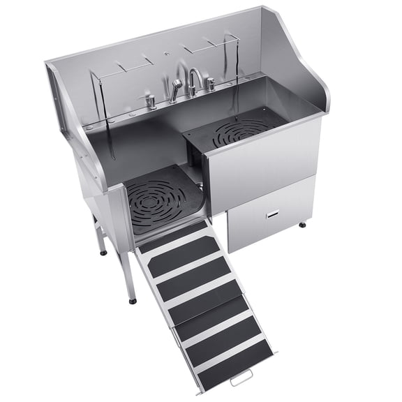 KFFKFF Stainless Steel Pet Grooming Tub, 61-Inch Washing Station with Ramp, Water Filter Panel, Faucet, Showerhead, and Leash for Small, Medium, and Large Pets (Left Door)