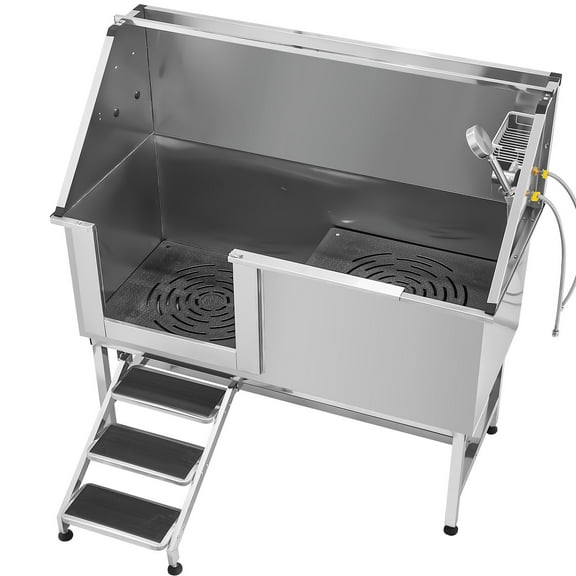 KFFKFF Stainless Steel Pet Grooming Tub, 62 inch Washing Station with Stairs, Water Filter Board, Faucet, Showerhead, and Soap Holder for Pets of All Sizes (Left Door)