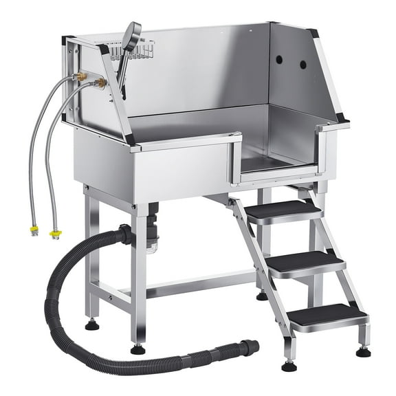 KFFKFF Stainless Steel Pet Washing Station, 34-Inch Grooming Tub with Storage Steps, Faucet, Showerhead, and Soap Holder, Ideal for Medium and Small Pets (Right Door)