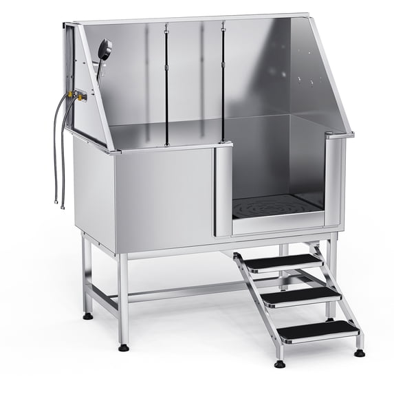 KFFKFF Stainless Steel Pet Washing Station, 50-Inch Grooming Tub with Stairs, Water Filter Board, Faucet, Showerhead, and Soap Holder for Pets of Various Sizes (Right Door)