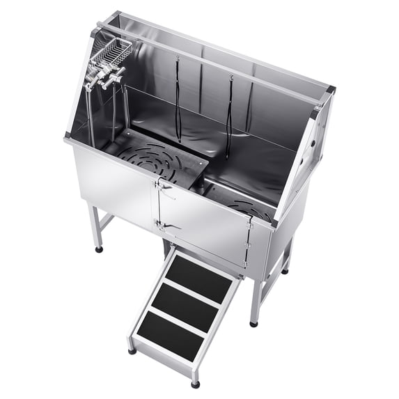 KFFKFF Stainless Steel Pet Washing Station, 50 inch Grooming Tub with Ramp, Water Filter Board, Faucet, Showerhead, and Soap Holder for Pets of All Sizes (Right Door)