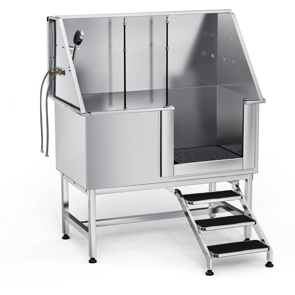 KFFKFF Stainless Steel Pet Washing Station, 50 inch Grooming Tub with Stairs, Water Filter Board, Faucet, Showerhead, and Soap Holder for Pets of All Sizes (Right Door)