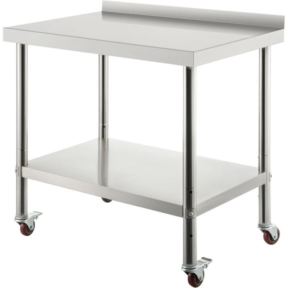 KFFKFF Stainless Steel Prep Table, 30 x 24 x 35 inch, 440lbs Load Capacity Heavy Duty Metal Worktable with Backsplash Adjustable Undershelf & 4 Casters, Commercial Workstation for Kitchen Restaurant
