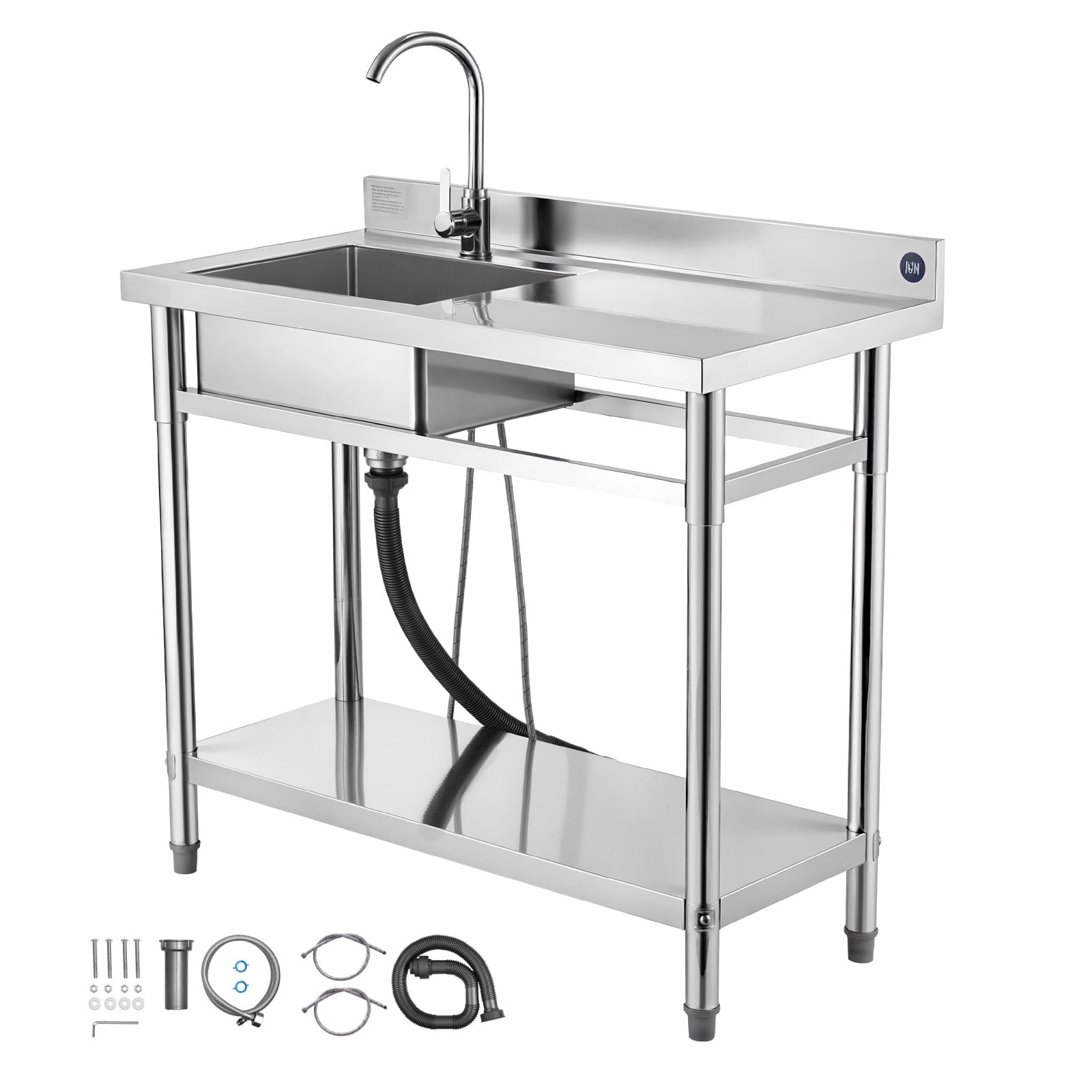 KFFKFF Stainless Steel Utility Sink, Free-Standing Single Bowl Commercial Kitchen Sink, 39.4" x 19.7" x 37", SUS201 Stainless Steel, Black, 1 Unit