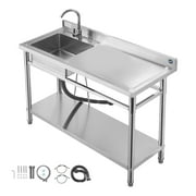 KFFKFF Stainless Steel Utility Sink, Freestanding Single Bowl Commercial Kitchen Sink with Faucet, Right-Side Basin Workbench, Black