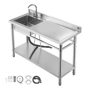 KFFKFF Stainless Steel Utility Sink, Freestanding Single Bowl Commercial Kitchen Sink with Faucet, Right-Side Basin Workbench, Black