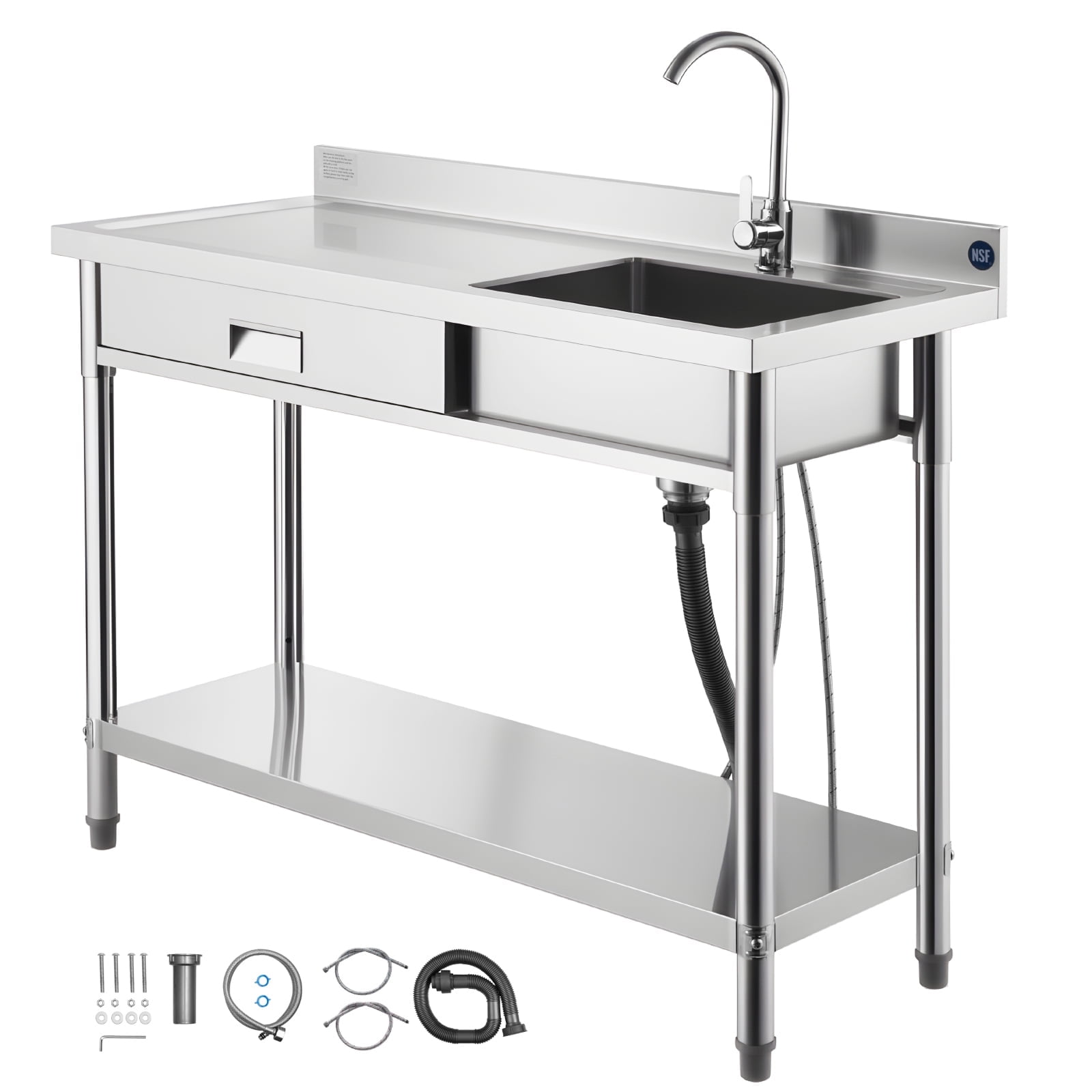 KFFKFF NSF-Certified Stainless Steel Utility Sink with 360° Rotating Faucet, Drawer, and Adjustable Storage Rack, 47 x 20 x 37 in.