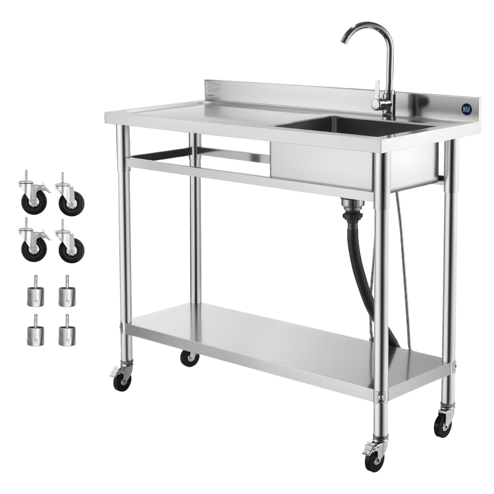 KFFKFF Stainless Steel Utility Sink with Wheels, Mobile Single Bowl Sink for Commercial Kitchens, Includes Faucet and Hot & Cold Water Pipes, Multipurpose Workstation for Garage, Restaurant