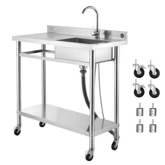 KFFKFF Stainless Steel Utility Sink with Wheels, Single Bowl Commercial Kitchen Sink Featuring Faucet and Hot & Cold Water Pipes, Versatile Basin Workbench for Garage, Restaurant