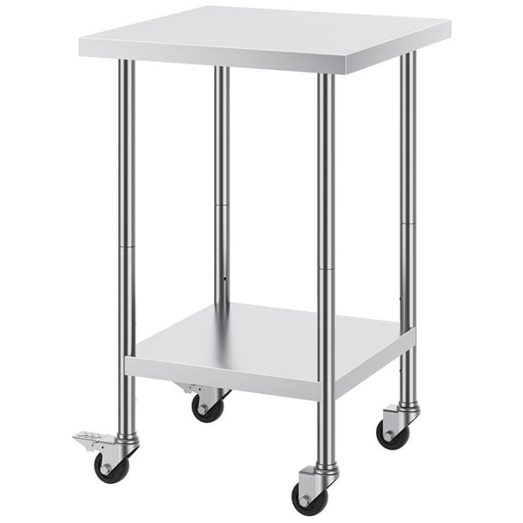 KFFKFF Stainless Steel Work Table, 24 x 24" Commercial Kitchen Workstation, 700 LBS Equipped with 4 Casters, 3 Height Settings, Robust Food Preparation Table for Restaurant Use
