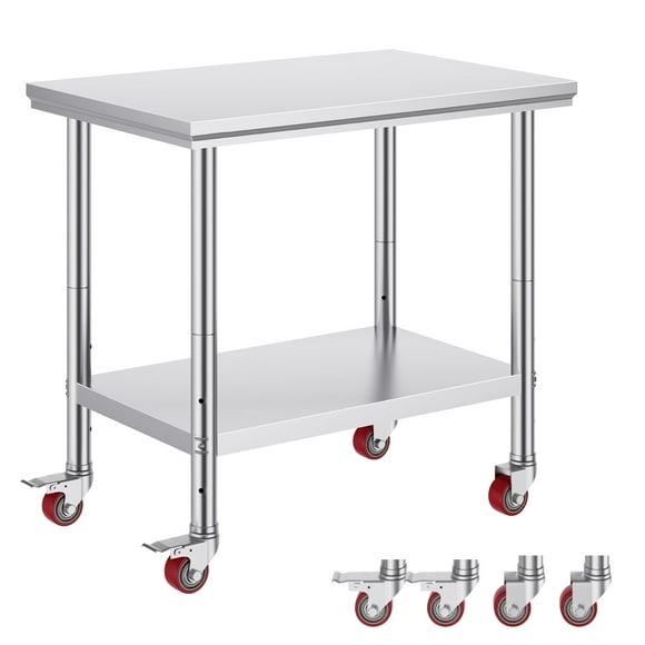 KFFKFF Stainless Steel Work Table 35 x 24 x 33 Inch, 300 lbs Capacity with Wheels, Adjustable Heights, Durable Food Prep Table for Commercial Kitchens and Restaurants, Silver