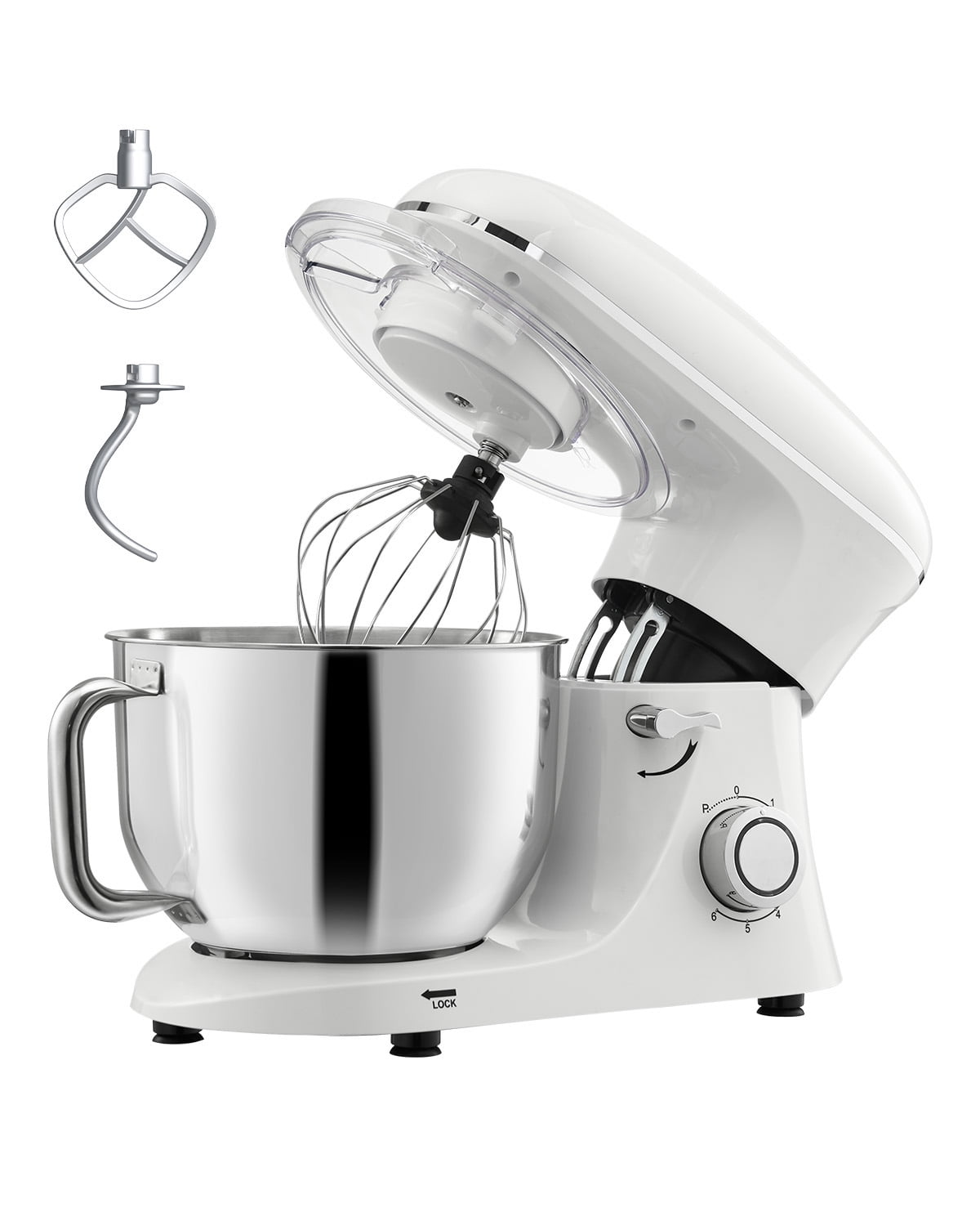 KFFKFF Standing Mixer, 6 QT Mixing Dough Device, 660W 6 + P Speeds Adjustable Tilt-Head Culinary Mixer, Dough Attachment, Wire Whisk, Flat Mixing Blade, Scraper, Domestic Standing Mixer, White