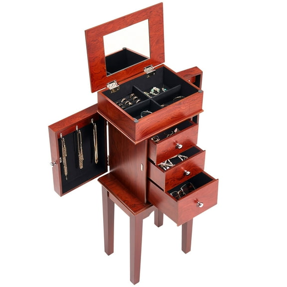 KFFKFF Standing Wooden Jewelry Cabinet Armoire with Mirror, 3 Drawers, 4 Top Compartments, Zinc Alloy Handles, and Side Doors Featuring Necklace Hooks