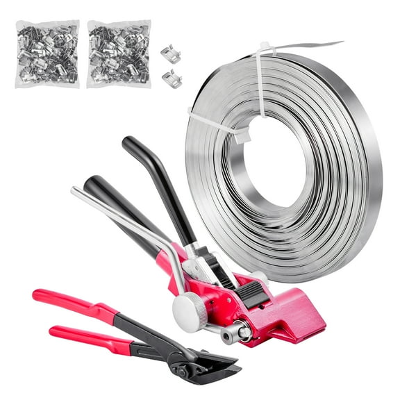 KFFKFF Steel Banding Strapping Kit, Durable Sealer Tool with 200 ft Straps, 200 Metal Clips, Manual Packaging Kit for Warehousing, Shipping, and Industrial Use
