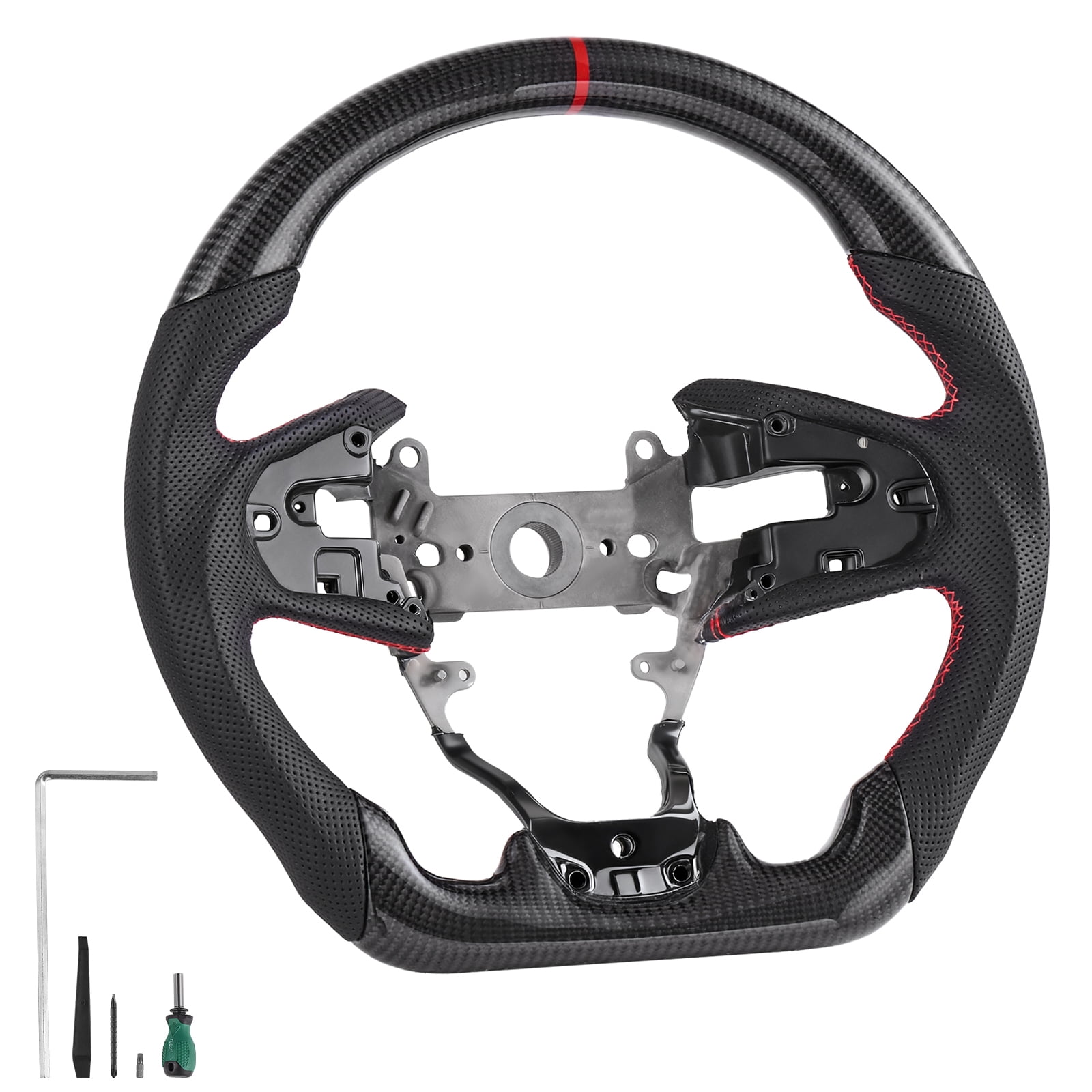 KFFKFF Steering Wheel for 2016-2021 Honda Civic, Carbon Fiber D-Shaped Flat-Bottom Design, Leather Grip with Textured Non-Slip Surface & Detailed Stitching, Replacement Accessory for Honda Civic