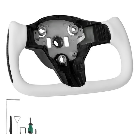 KFFKFF Steering Wheel for 2016-2023 Tesla Model 3, Carbon Fiber D-Shaped Flat-Bottom Design with Heating Feature, Leather Grip with Textured Non-Slip Surface, Replacement Accessory for Model 3, White