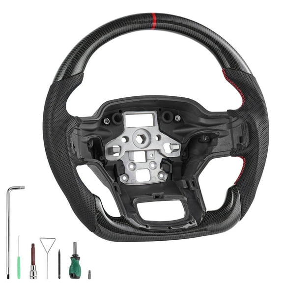 KFFKFF Steering Wheel for 2021-2024 Ford F150, Carbon Fiber D-Shape Design with Flat Bottom, Leather Grip Featuring Non-Slip Texture and Detailed Stitching, Replacement Accessory for Ford F150, Black