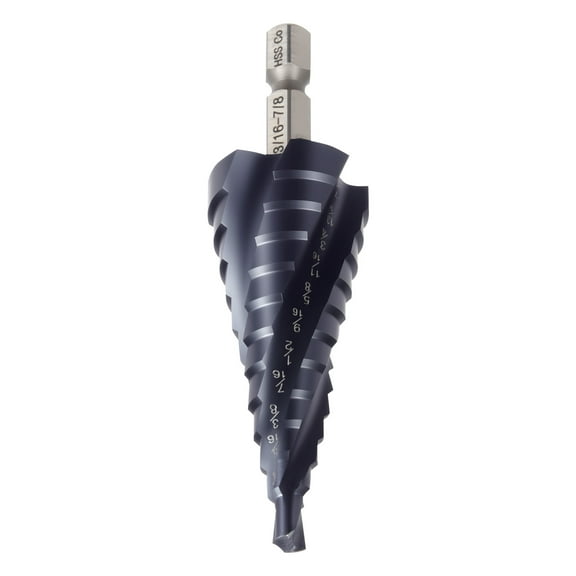 KFFKFF Step Drill Bit, 3/16 to 7/8 inch, 1/4 inch Hex Shank, TiAlN Coated Cobalt High-Speed Steel, Four Spiral Flutes for Metal, Stainless Steel, Aluminum, Wood, Plastic, and Fiberglass