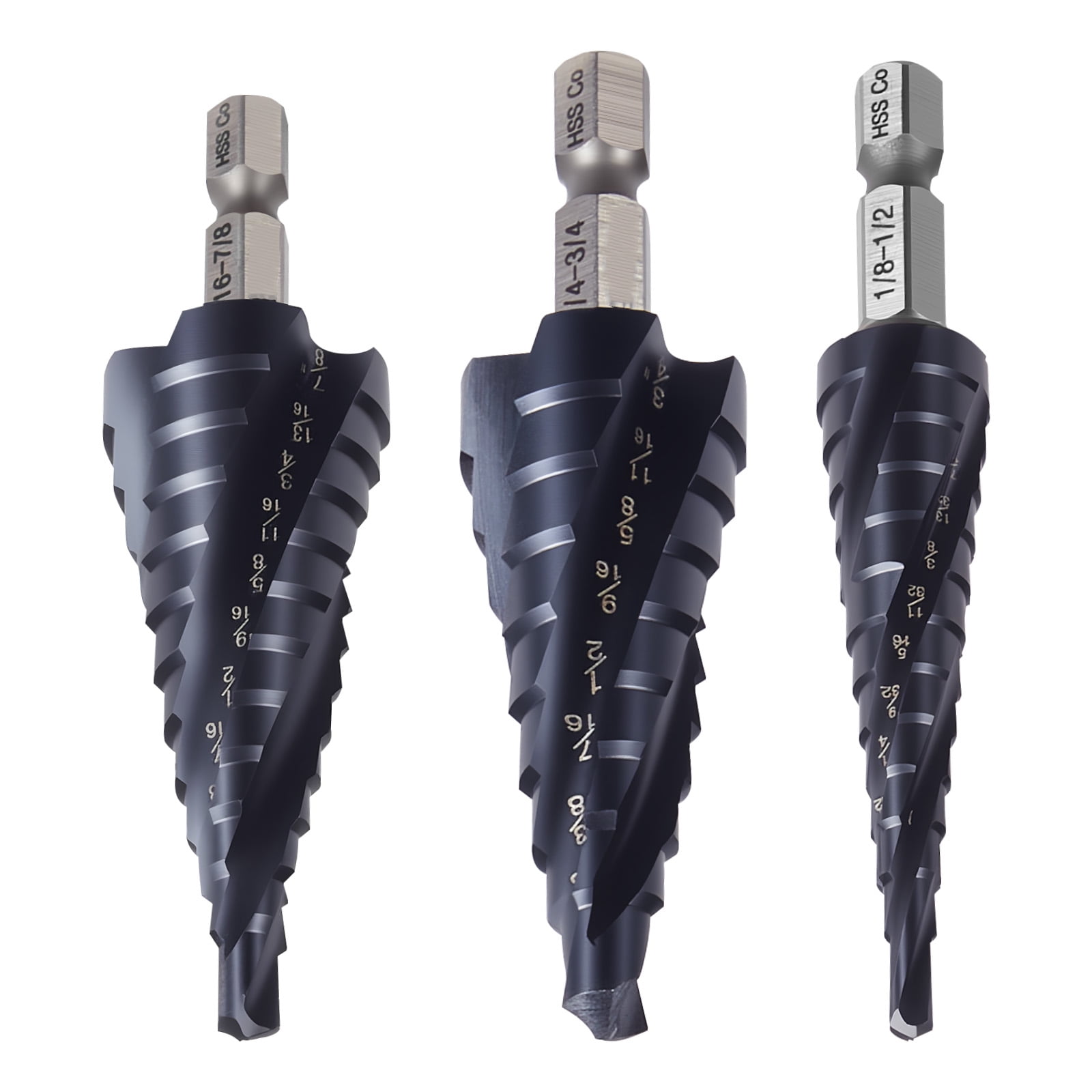 KFFKFF Step Drill Bit Set, 1/8 - 7/8 inch, 3-Piece High-Speed Steel Bits, 1/4 inch Hex Shank, TiAlN Coated Cobalt, Suitable for Metal, Stainless Steel, Aluminum, Wood, Plastic, and Fiberglass