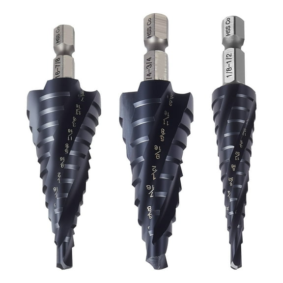 KFFKFF Step Drill Bit Set, 1/8 - 7/8 inch, 3-Piece Set with 1/4 inch Hex Shank, TiAlN Coated Cobalt HSS High-Speed Steel, Suitable for Metal, Stainless Steel, Aluminum, Wood, Plastic, and Fiberglass