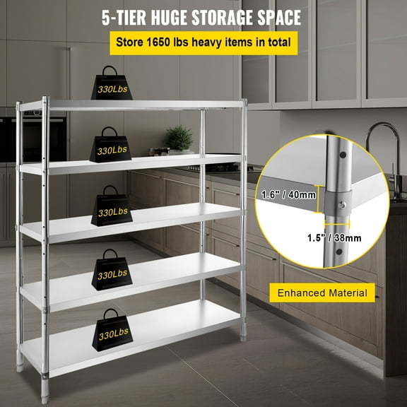 KFFKFF Storage Rack, 5-Level Shelving Unit with Height Adjustable, Stainless Steel Organizer Shelves for Garage, 70.9x17.7x70.9 inches, Load Capacity 1650 Lbs