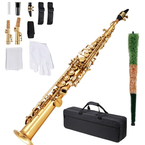 KFFKFF Straight Soprano Saxophone, B Flat, Brass Instrument Starter Set with Case, Mouthpiece, Cleaning Cloth, Gloves, Neck Strap, 23-Key Sax Kit, Ideal for Beginner Students, Gold