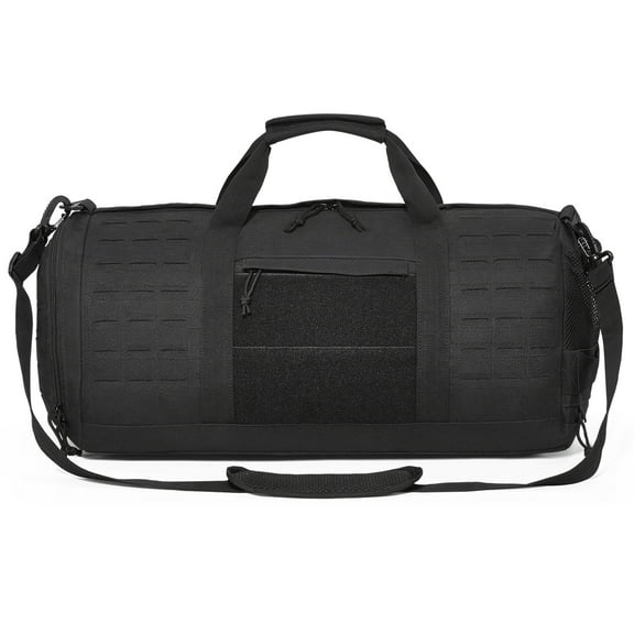 KFFKFF Strategic Carryall, 45L Workout Duffle featuring Molle Pattern and Footwear Section, Unisex Military-Style Travel Satchel, Ideal for Overnight Stays, Athletics, Apparel, in Classic Black
