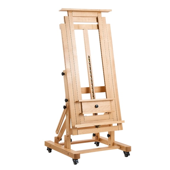 KFFKFF Studio H-Frame Easel for Artists, Supports One or Two Canvases up to 78.74", Crafted from Solid Beech Wood, Adjustable Height and Angle, Mobile Design with Swivel Wheels, Natural Finish