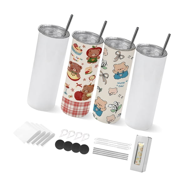 KFFKFF Sublimation Tumblers, 4 Pack, 20 oz Skinny Straight Tumblers, Stainless Steel Cups with Lids and Straws, Double-Wall Insulated Blanks for DIY Customization