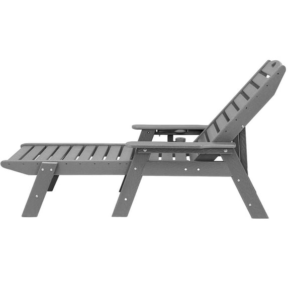 KFFKFF Sun Lounger, Supports up to 450 lbs, Flexible Outdoor Recliner with 5-Position Backrest, Durable HDPE Material with Beverage Holder, Ideal for Poolside, Deck, and Garden, Gray