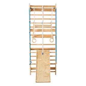 KFFKFF Swedish Wall Gym with 8-in-1 Design, Adjustable 15 Levels Solid Wood Indoor Playset, 220 lbs Capacity, Includes Wall Ladder, Slide Board, Pull-Up Bar, Gym Rings, Swing Seat, and Rope Ladder