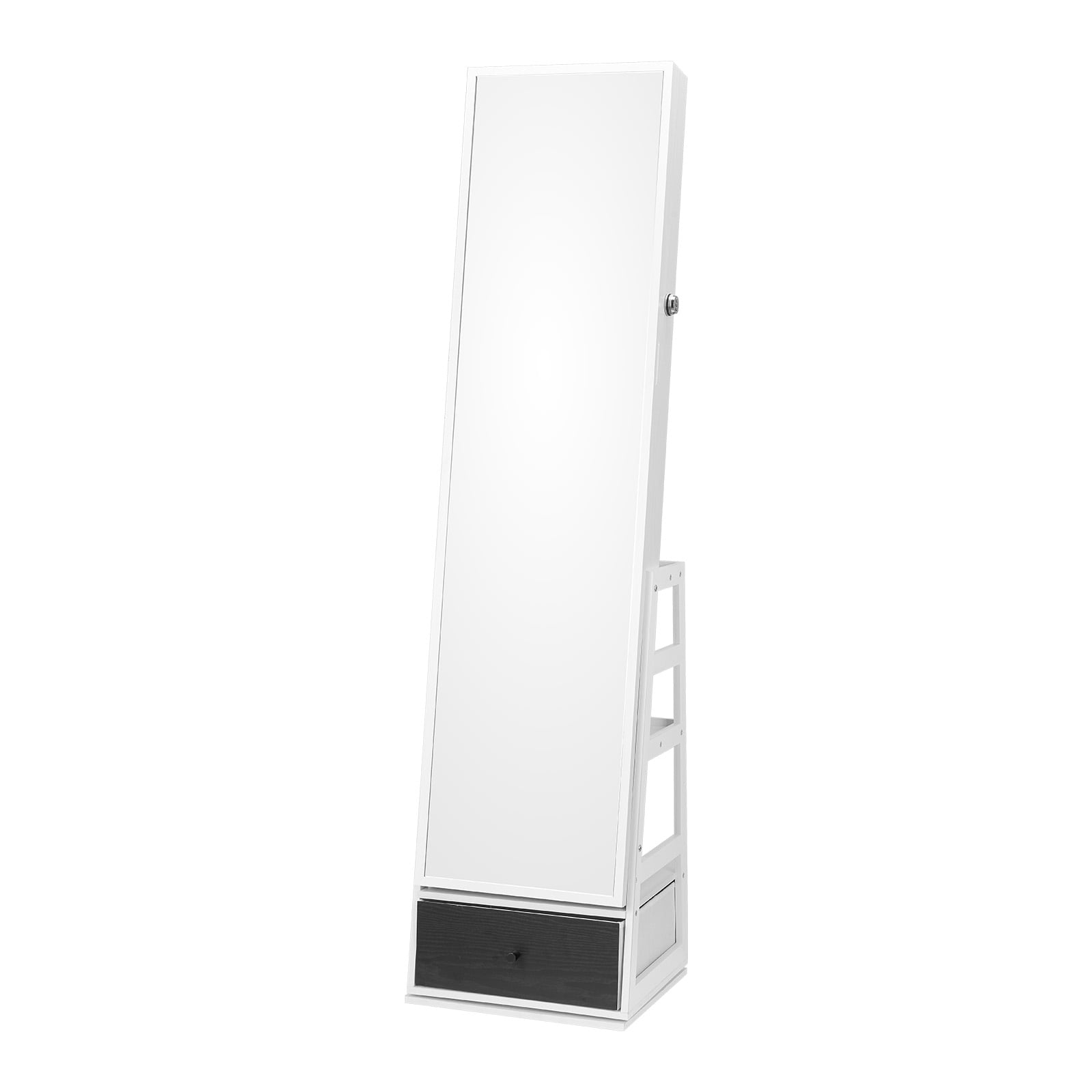 KFFKFF Mirror Jewelry Cabinet, Lockable Full-Length Mirror with LED Lighting, Velvet Interior, and Storage Drawer, Rotates 360 Degrees, Free-Standing Jewelry Cabinet, White