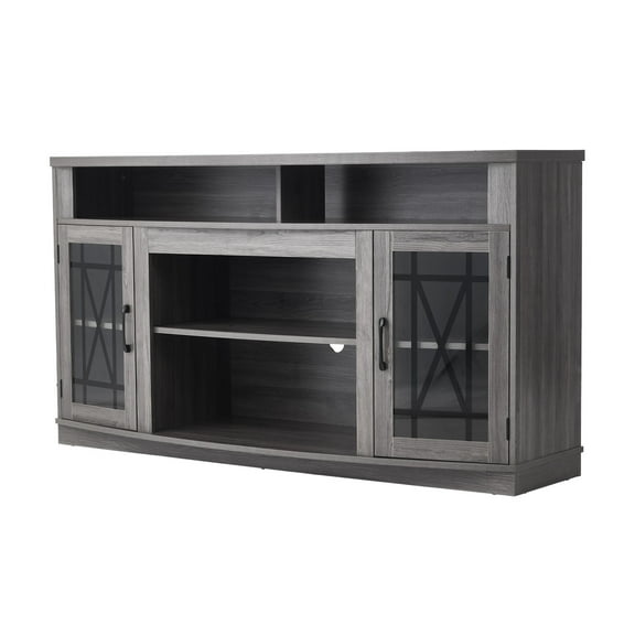 KFFKFF 59" TV Stand for TVs up to 65 Inches, Entertainment Center with LED Light Strip, Wooden Cabinet with Glass Doors and Adjustable Shelves