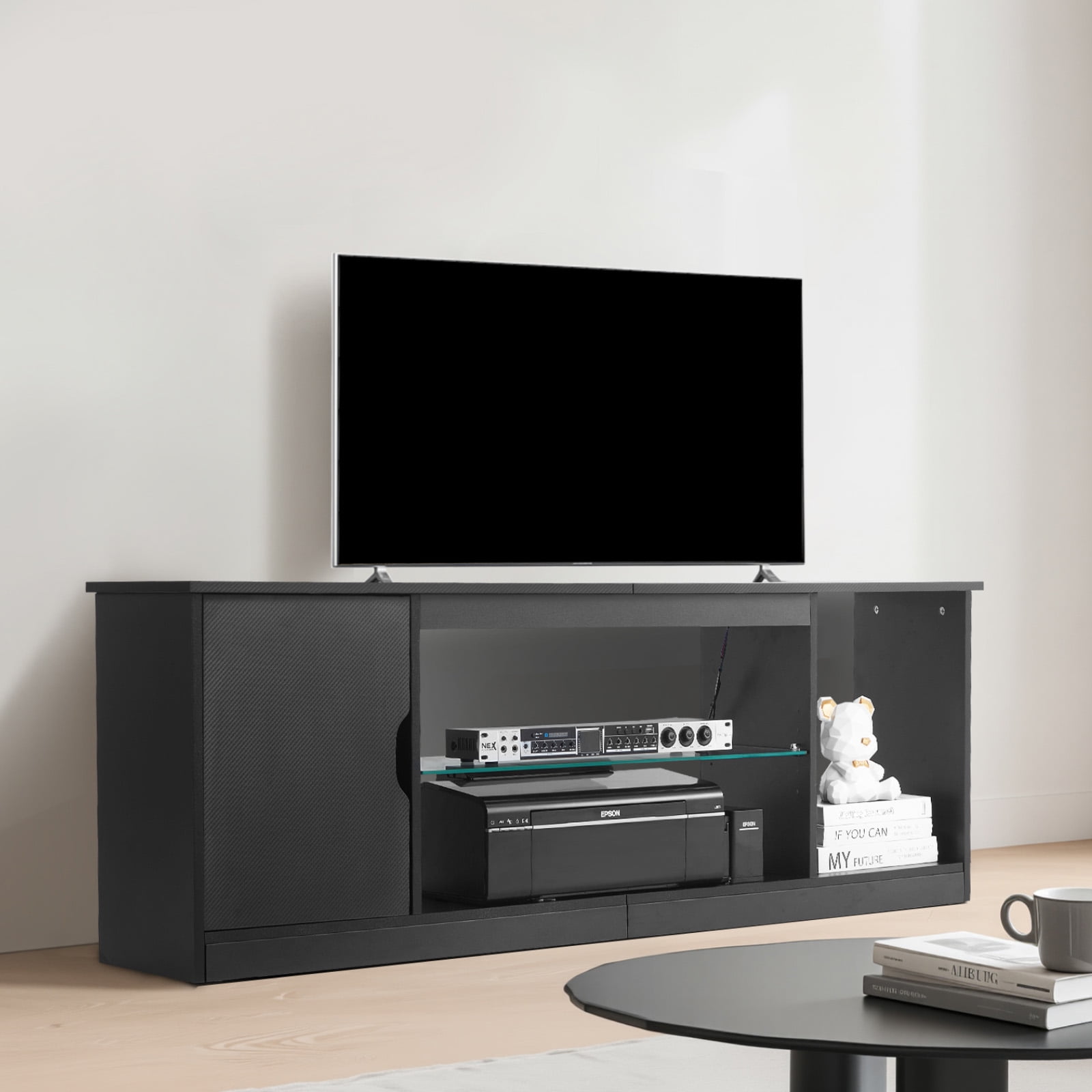 KFFKFF TV Stand for TVs up to 65 inches, Entertainment Center with LED Light Strip & 5 Level Adjustable Glass Shelves, Console Table for Living Room or Bedroom