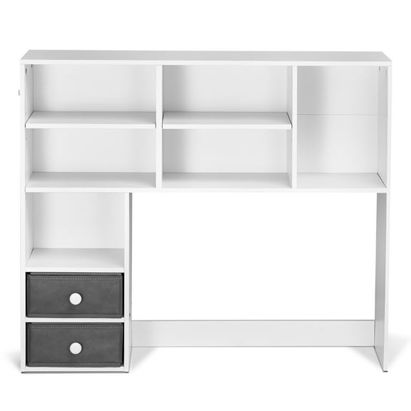 KFFKFF Tabletop Bookcase, Tri-Level Desktop Organizer, Dimensions 37" x 10" x 31.1", Office Storage Stand Wooden Presentation Shelf, Tabletop Bookcase Hutch Including Two Cloth Storage Boxes, White