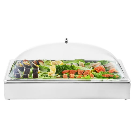 KFFKFF Tabletop Meal Presentation Storage, Single Compartment Stainless Steel Meal Tray, Cafeteria Sauce Holder Showcase with Transparent Curved Cover & Trio of Ice Containers