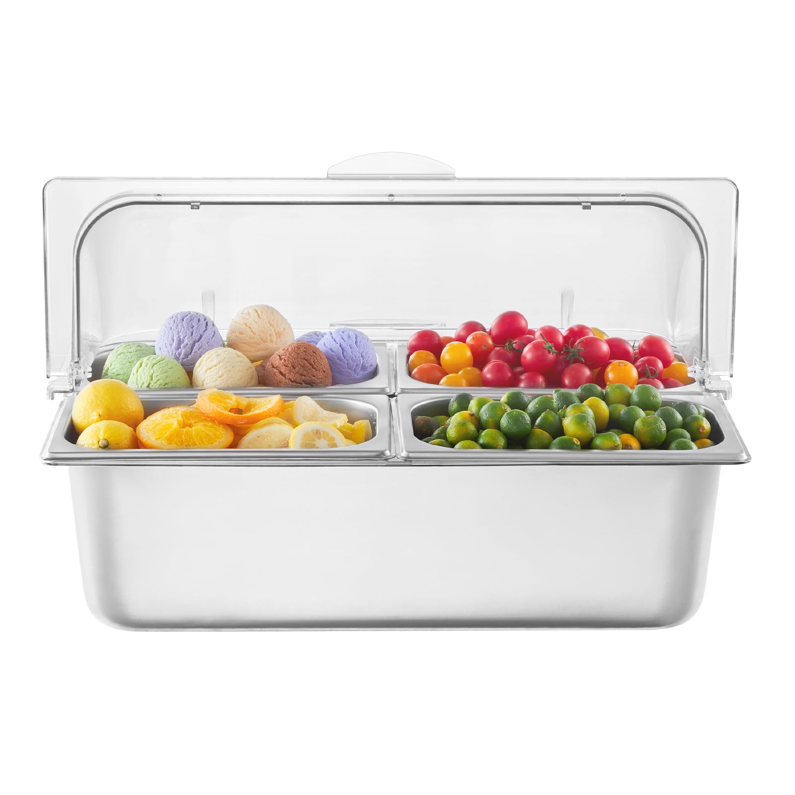KFFKFF Chilled Party Platter 4-Pan Countertop Frozen Food Display Container Condiment Server Stainless Steel Chilled Dispenser Organizer