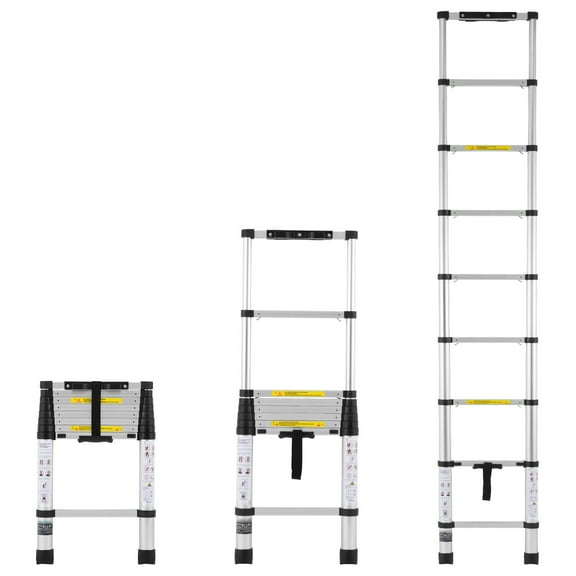 KFFKFF Telescoping Aluminum Ladder, 8.5FT Lightweight Extension Ladder with One-button Retraction, 375 LBS Capacity, Non-slip Feet, Compact and Portable Design for Home, RV, and Loft Use