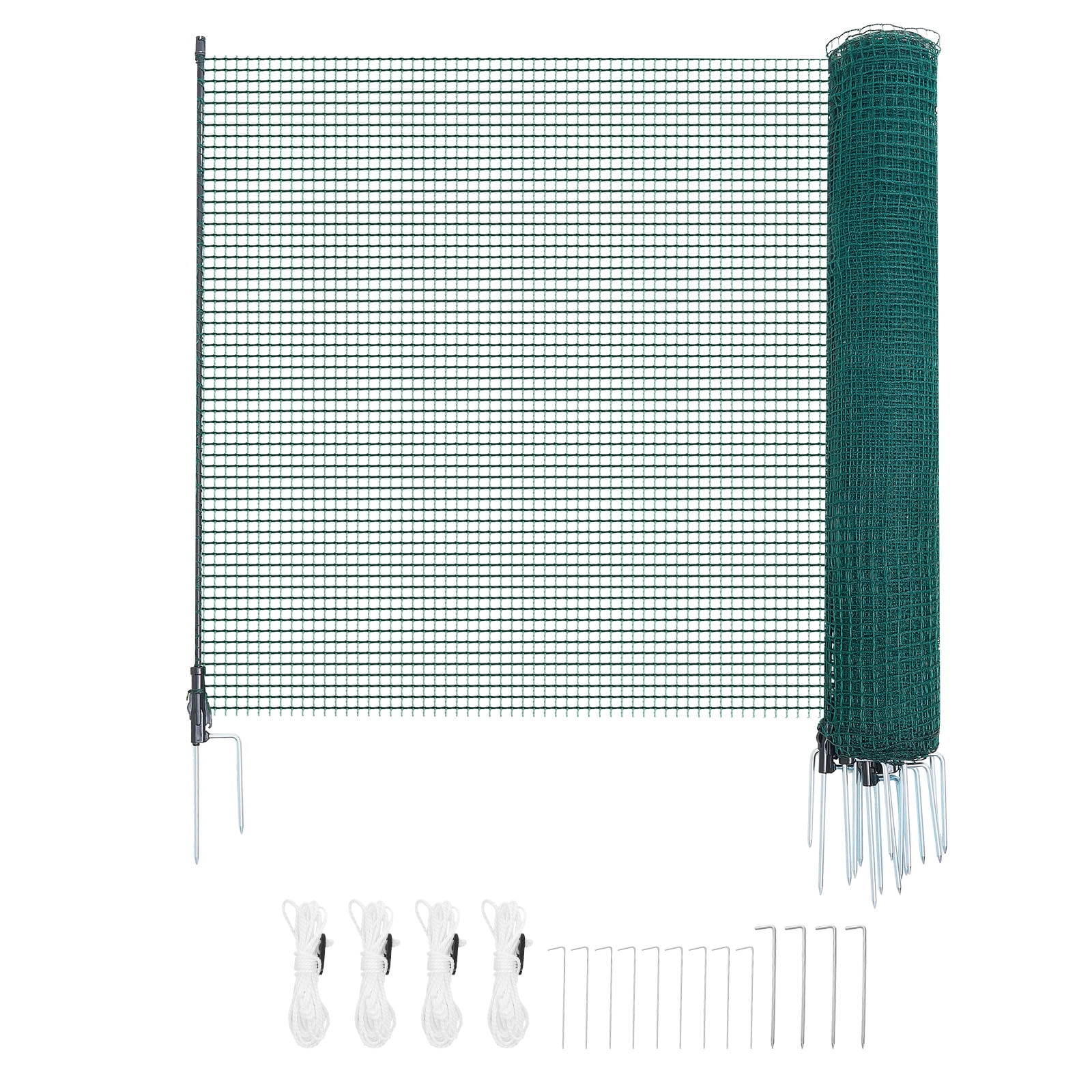 KFFKFF Temporary Fence with Posts, 3.9 x 49.2 FT Plastic Mesh Fencing, Garden Safety Netting with Double-Spike Stakes & Guy Ropes, Portable Barrier for Pets, Poultry, Plants, and Outdoor Spaces