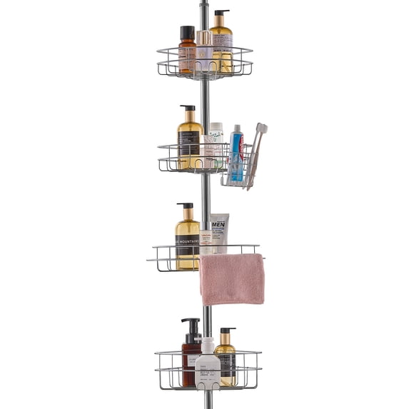 KFFKFF Tension Rod Shower Caddy, Adjustable from 56" to 114", Versatile Shower Tension Rod with Durable Load-Supporting Tray, Resistant to Rust, Simple Installation, Suitable for Bathrooms