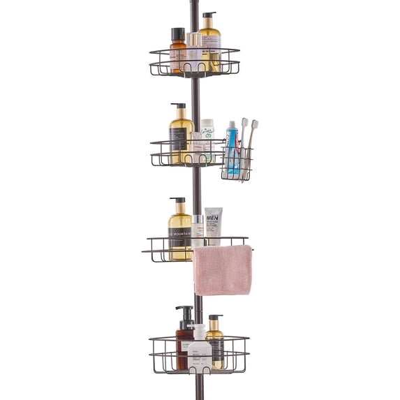 KFFKFF Tension Rod Shower Caddy,Adjustable from 56" to 114", Versatile Shower Tension Rod with Durable Tray, stainless steel, Suitable for Bathrooms & Washrooms,Simple Installation