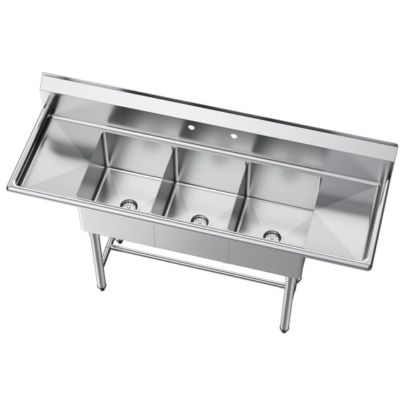KFFKFF Three-Basin Stainless Steel Sink, 18-Gauge 304 Material, 14" x 16" x 11" Bowl Dimensions, Commercial Kitchen Utility Sink with Dual Drainboards and Backsplash for Restaurants, Food Trucks