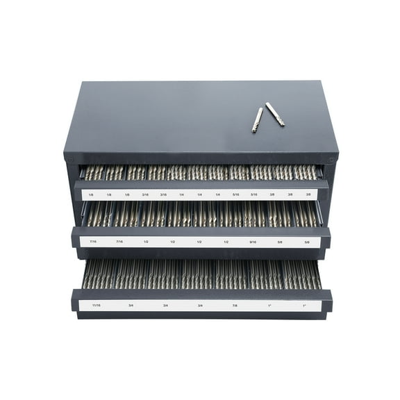 KFFKFF Three-Drawer Steel Cabinet for End Mill Storage, Fits 1/8" to 1" Sizes, Includes 29 Labeled Compartments, Stackable for Space-Saving Organization