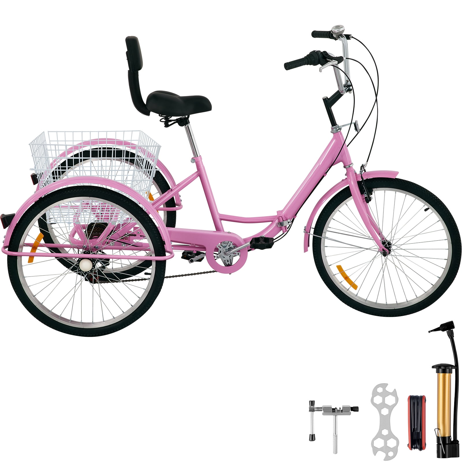 KFFKFF Three-Wheeled Bicycle with 24'' Tires, 7-Speed Adult Tricycle, Foldable Trike for Adults, Pink